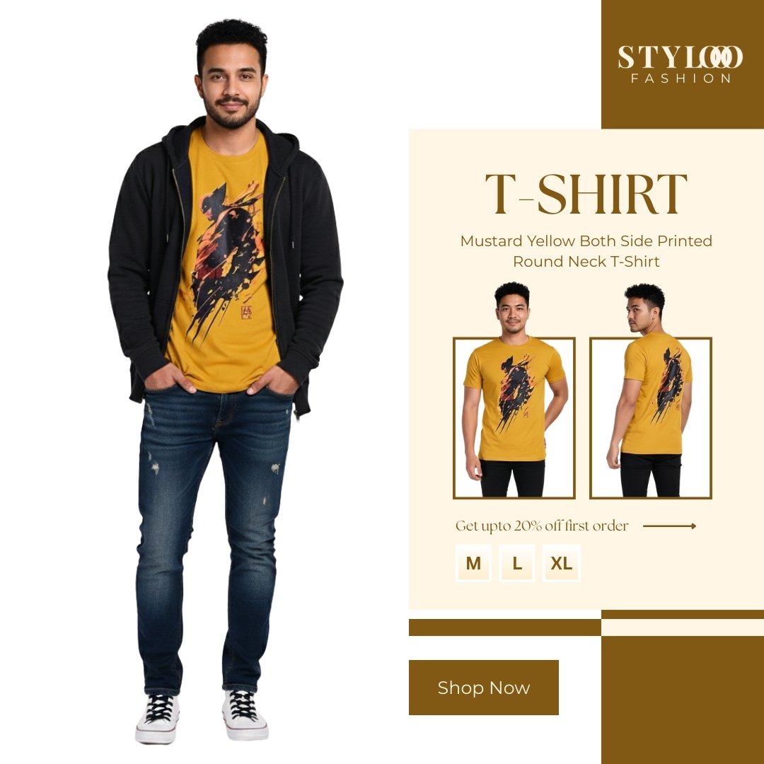 Men Mustard Yellow Both Side Printed Round Neck T-Shirt (TSH-M-008)