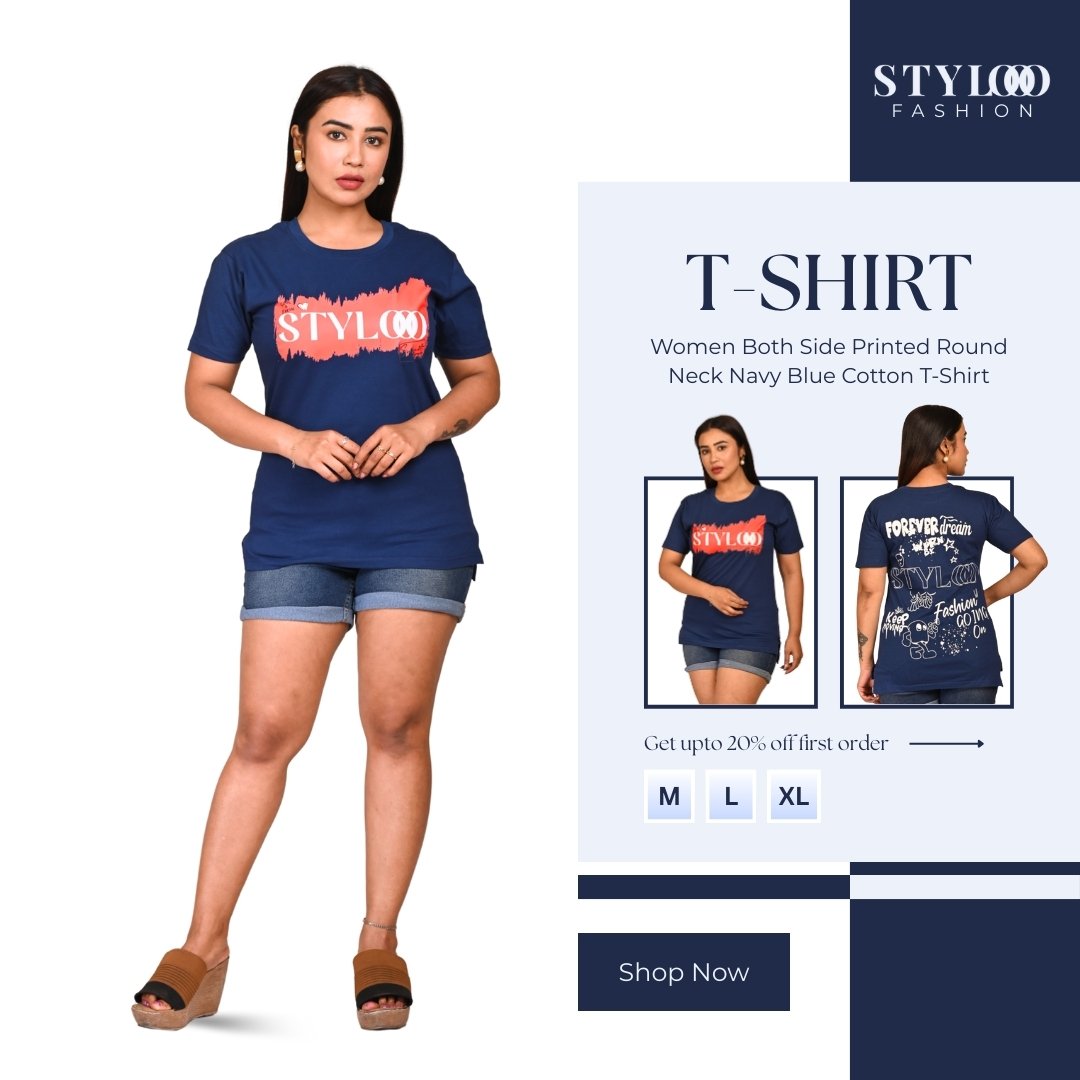 Women Both Side Printed Round Neck Navy Blue Cotton T-Shirt (TSH-W-002)