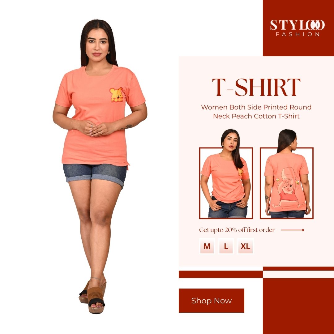 Women Both Side Printed Round Neck Peach Cotton T-Shirt (TSH-W-003)