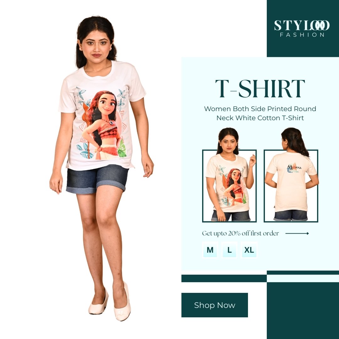Women Both Side Printed Round Neck White Cotton T-Shirt (TSH-W-009)