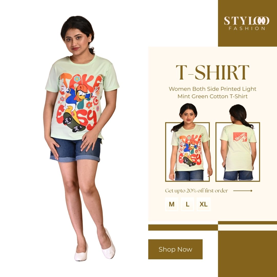 Women Both Side Printed Round Neck Light Mint Green Cotton T-Shirt (TSH-W-010)