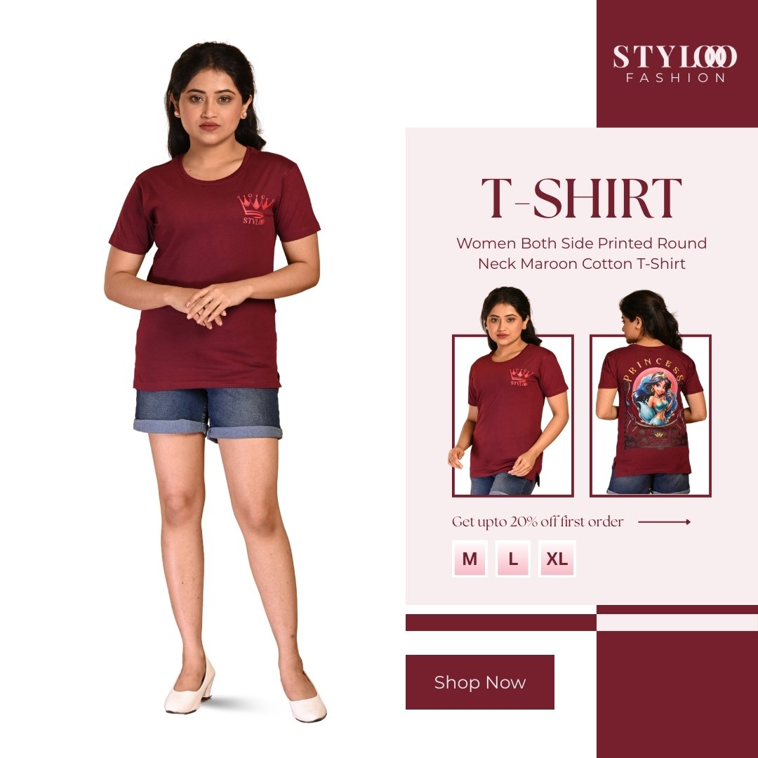 Women Both Side Printed Round Neck Maroon Cotton T-Shirt (TSH-W-005)