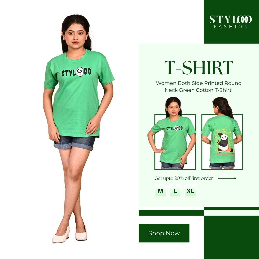 Women Both Side Printed Round Neck Green Cotton T-Shirt (TSH-W-016)