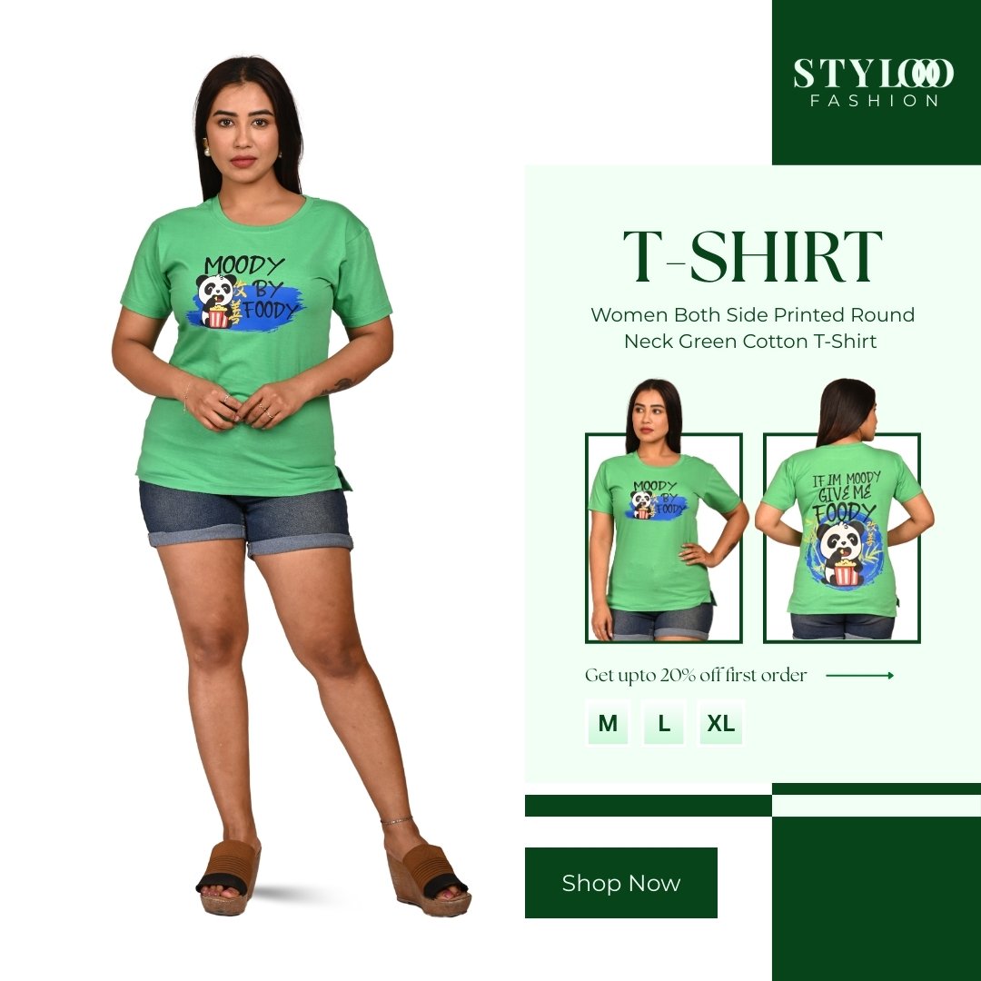 Women Both Side Printed Round Neck Green Cotton T-Shirt  (TSH-W-017)