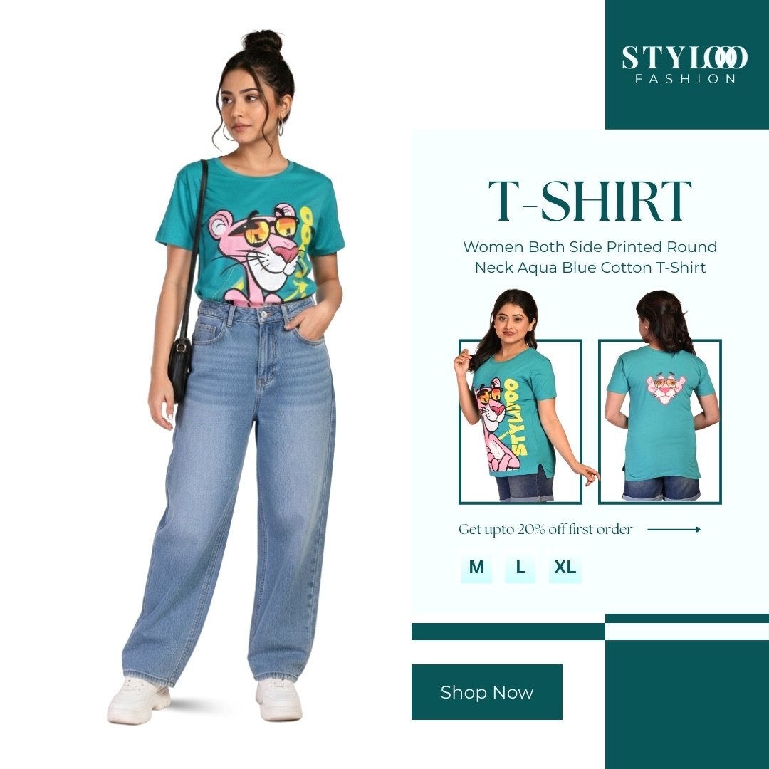 Women Both Side Printed Round Neck Aqua Blue Cotton T-Shirt (TSH-W-023)