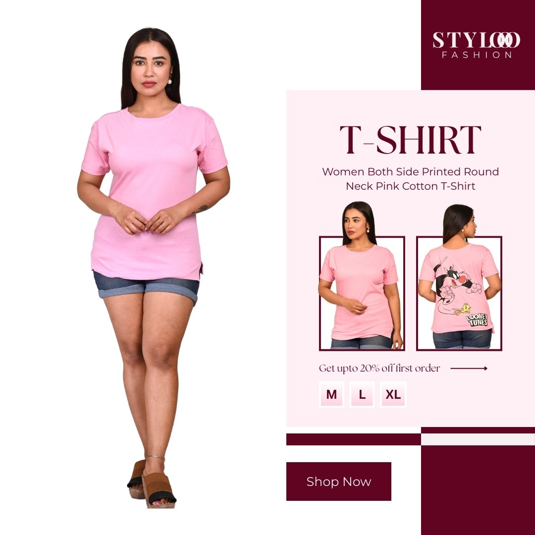 Women Both Side Printed Round Neck Pink Cotton T-Shirt (TSH-W-018)