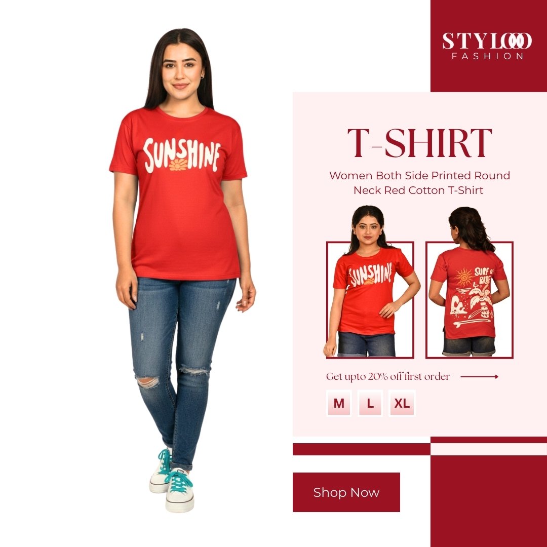 Women Both Side Printed Round Neck Red Cotton T-Shirt (TSH-W-021)
