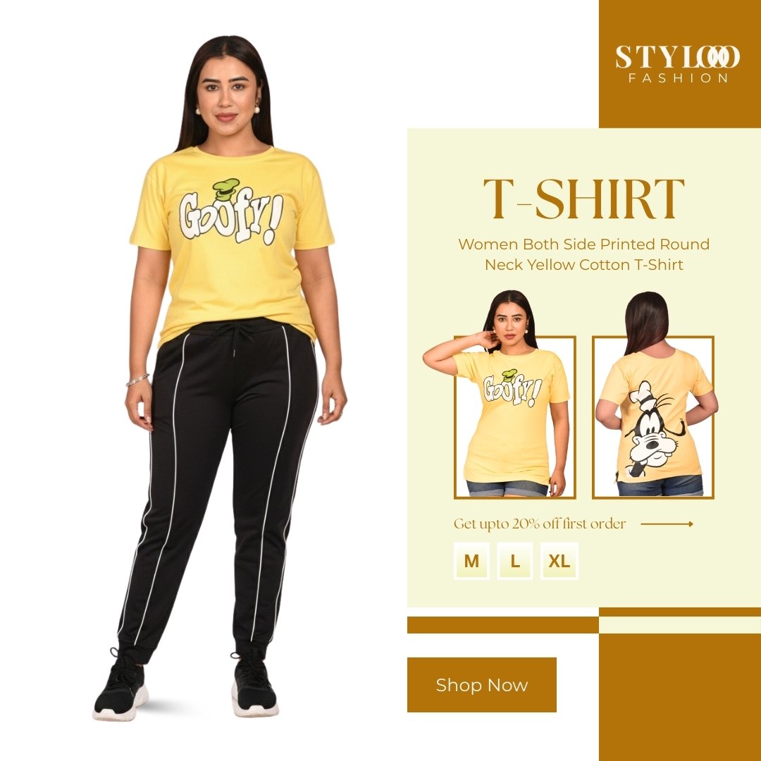 Women Both Side Printed Round Neck Yellow Cotton T-Shirt (TSH-W-004)