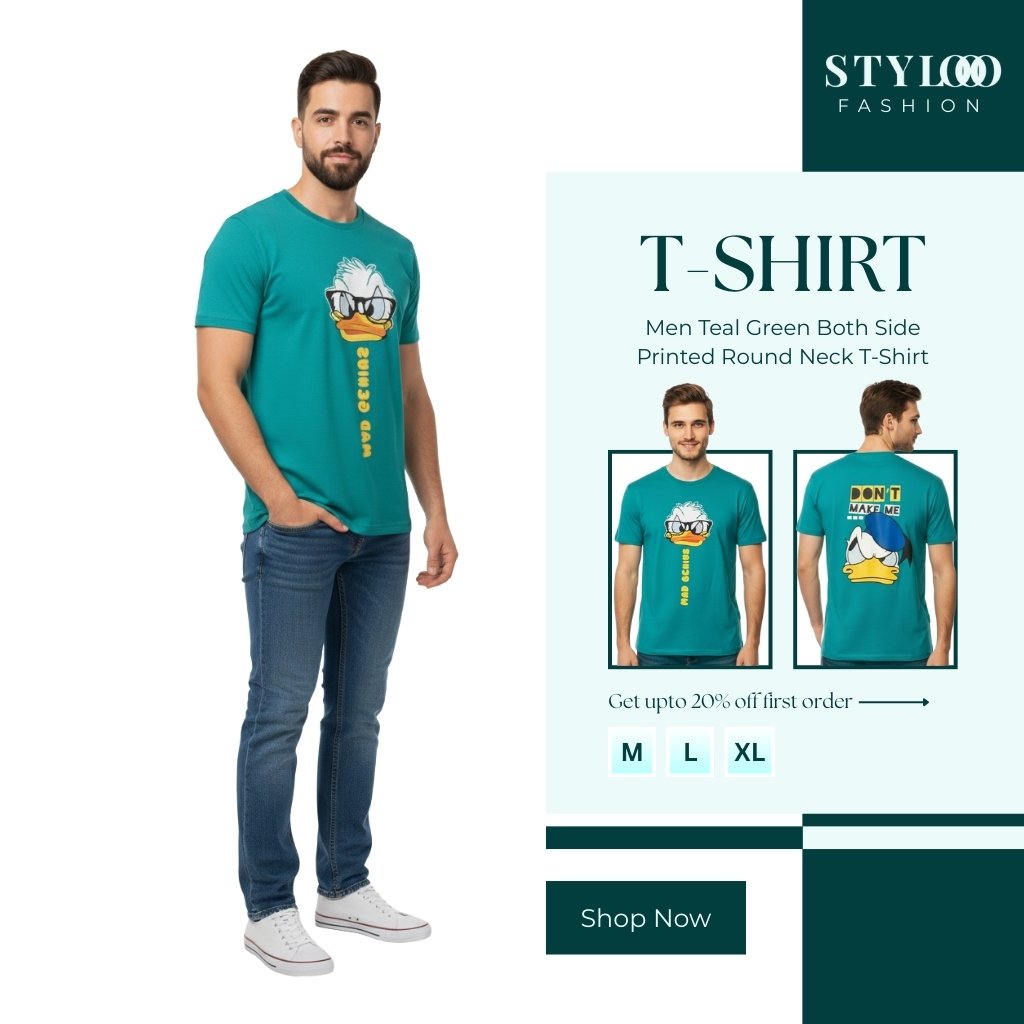 Men Teal Green Both Side Printed Round Neck Casual T-Shirt (TSH-M-001)