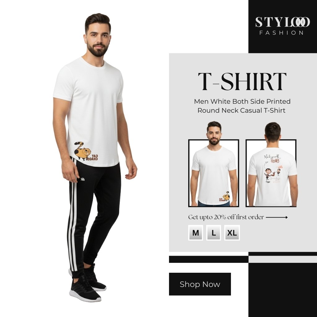 Men White Both Side Printed Round Neck Casual T-Shirt (TSH-M-002)