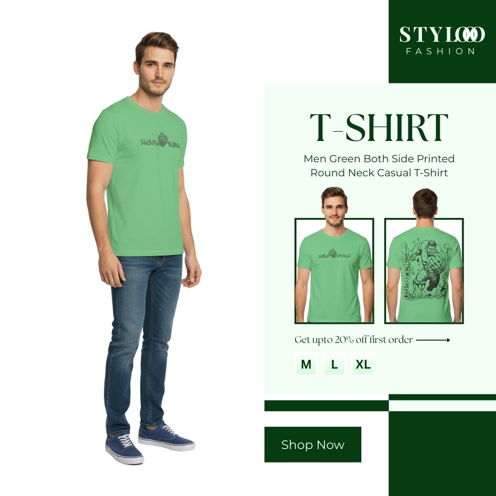 Men Green Both Side  Printed Round Neck Casual T-Shirt (TSH-M-003)