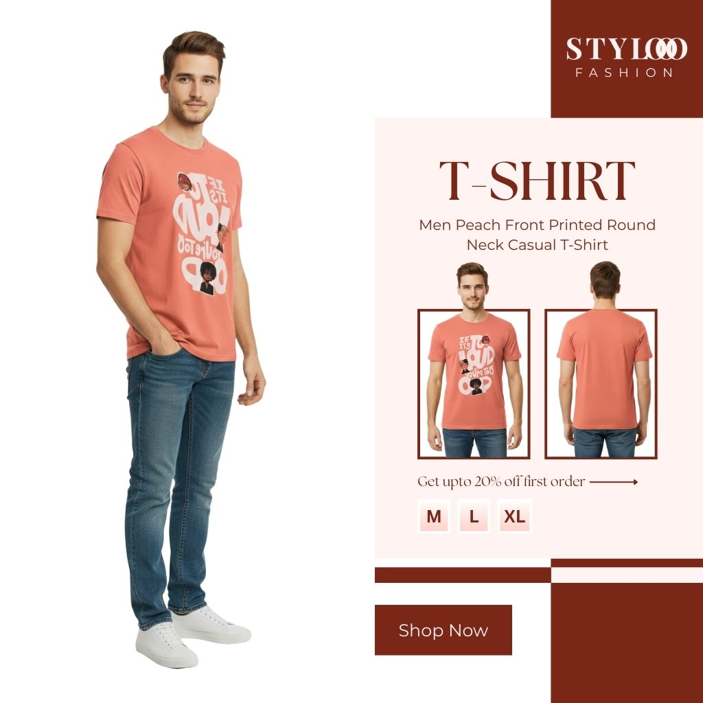 Men Peach Front Printed Round Neck Casual T-Shirt (TSH-M-004)