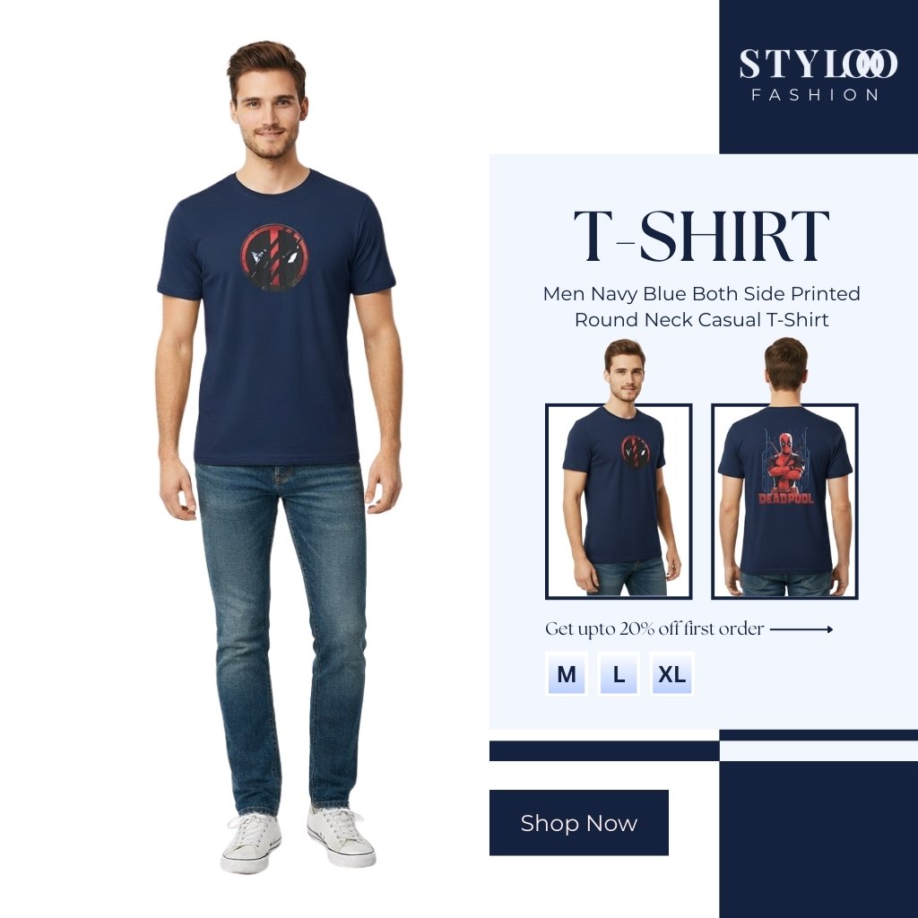 Men Navy Blue Both Side Printed Round Neck Casual T-Shirt (TSH-M-006)