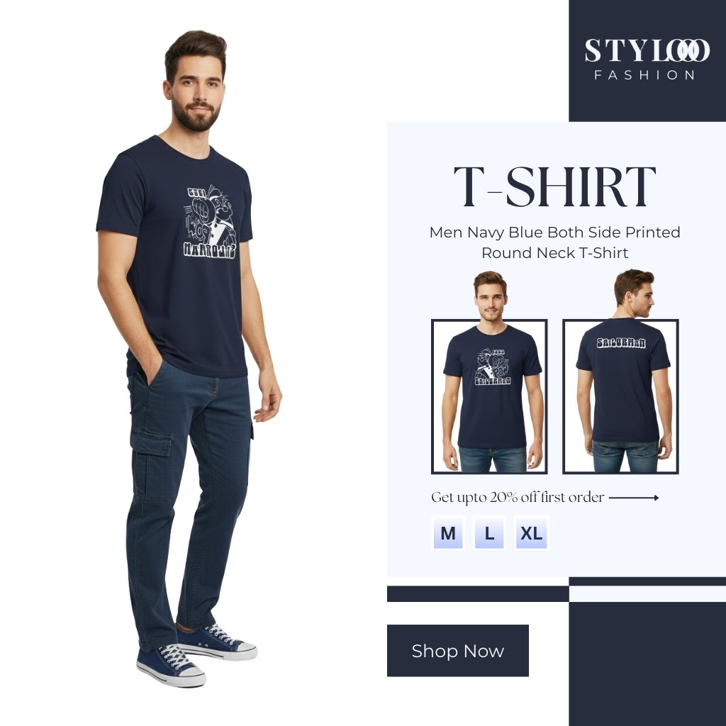 Men Navy Blue Both Side Printed Round Neck T-Shirt (TSH-M-007)