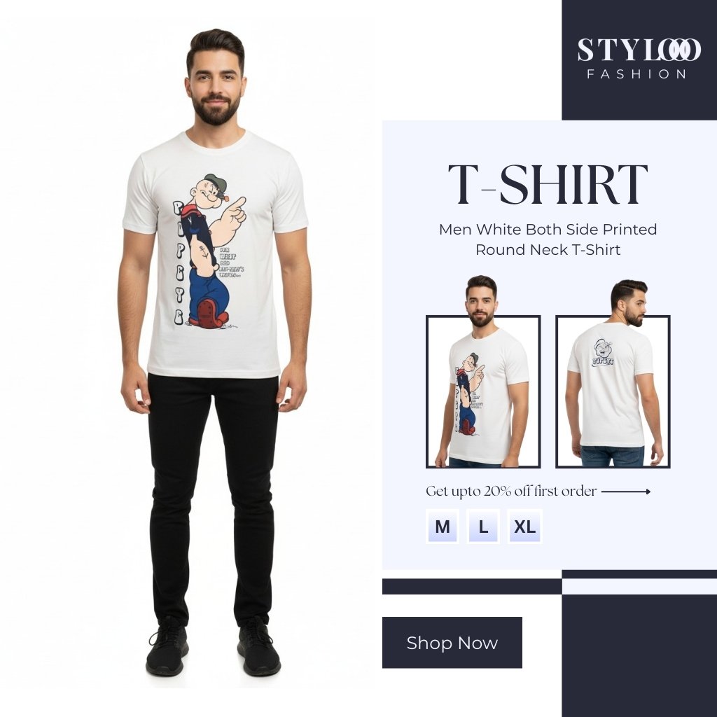 Men White Both Side Printed Round Neck T-Shirt (TSH-M-009)