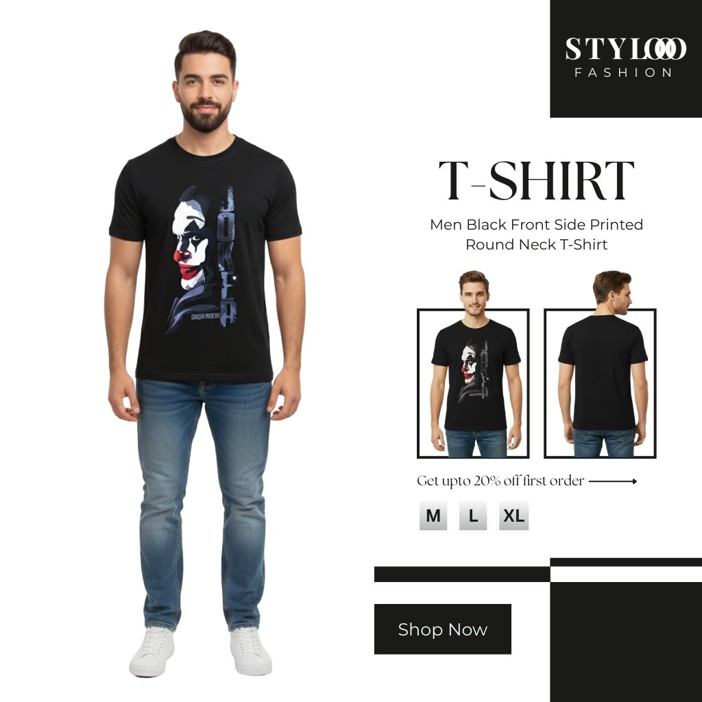 Men Black Front Side Printed Round Neck T-Shirt (TSH-M-010)