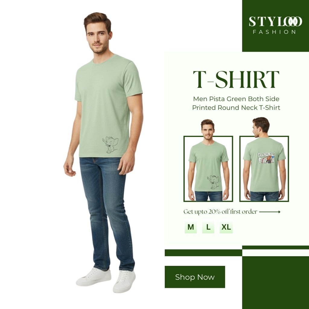 Men Pista Green Both Side Printed Round Neck T-Shirt (TSH-M-012)