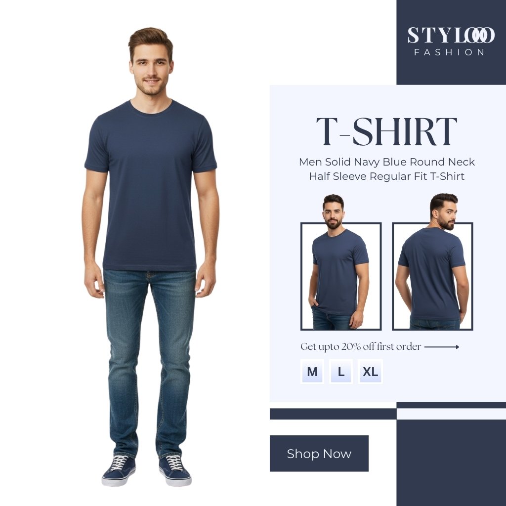 Men Solid Navy Blue Round Neck Half Sleeve Regular Fit T-Shirt (TSH-M-014)
