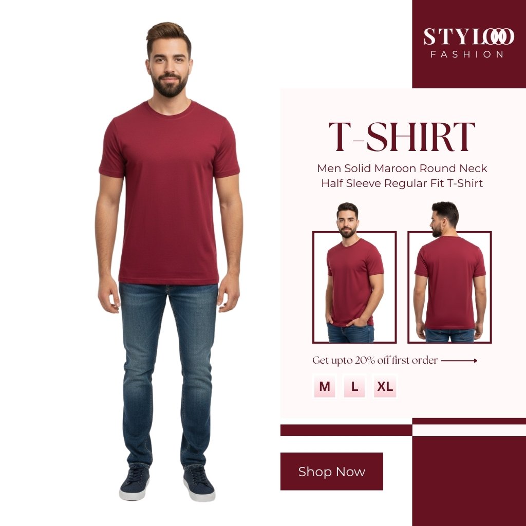 Men Solid Maroon Round Neck Half Sleeve Regular Fit T-Shirt (TSH-M-015)