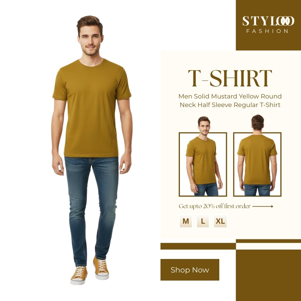 Men Solid Mustard Yellow Round Neck Half Sleeve Regular Fit T-Shirt (TSH-M-016)
