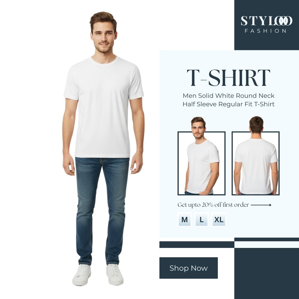 Men Solid White Round Neck Half Sleeve Regular Fit T-Shirt (TSH-M-017)