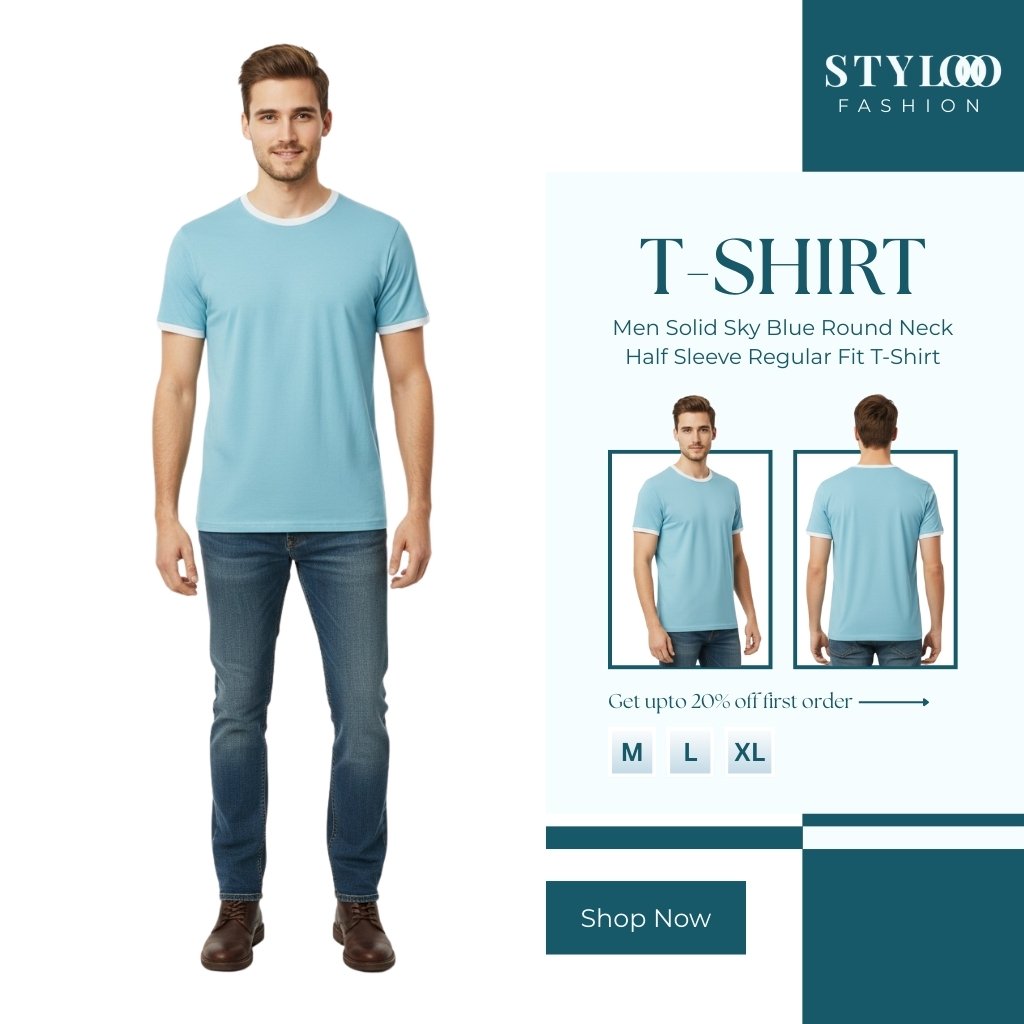 Men Solid Sky Blue Round Neck Half Sleeve Regular Fit T-Shirt (TSH-M-018)