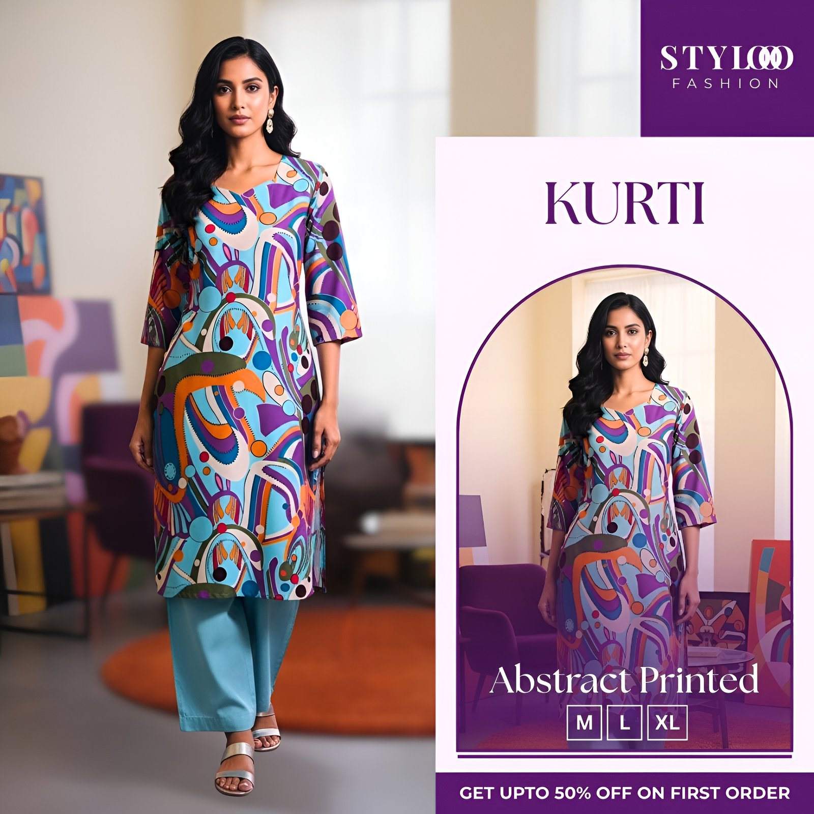 Women Abstract Printed 3/4 Sleeve Straight Kurti (LKTS-W-008)