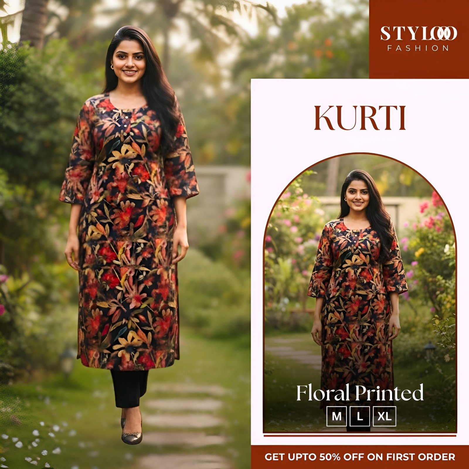 Women Black Floral Printed Straight Kurti (LKTS-W-007)