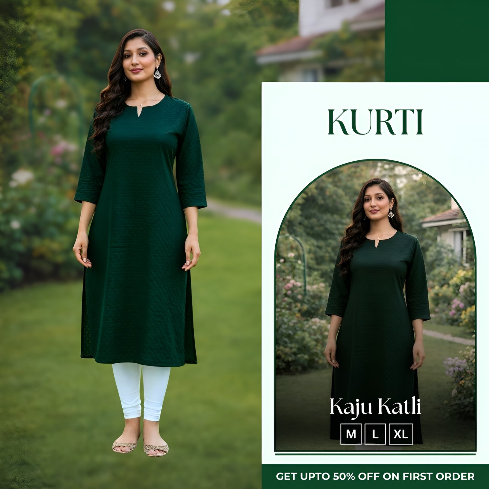 Women Dark Bottle Green Rayon Kaju Katli Print Straight Kurti (LKTS-W-013)