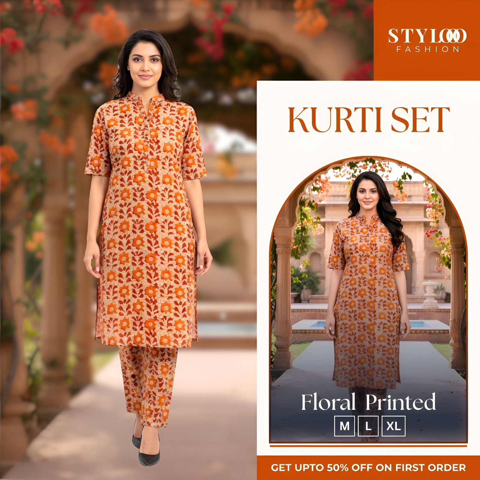 Orange & Beige Floral Print Kurta with Pant Set (TBMS-W-001)