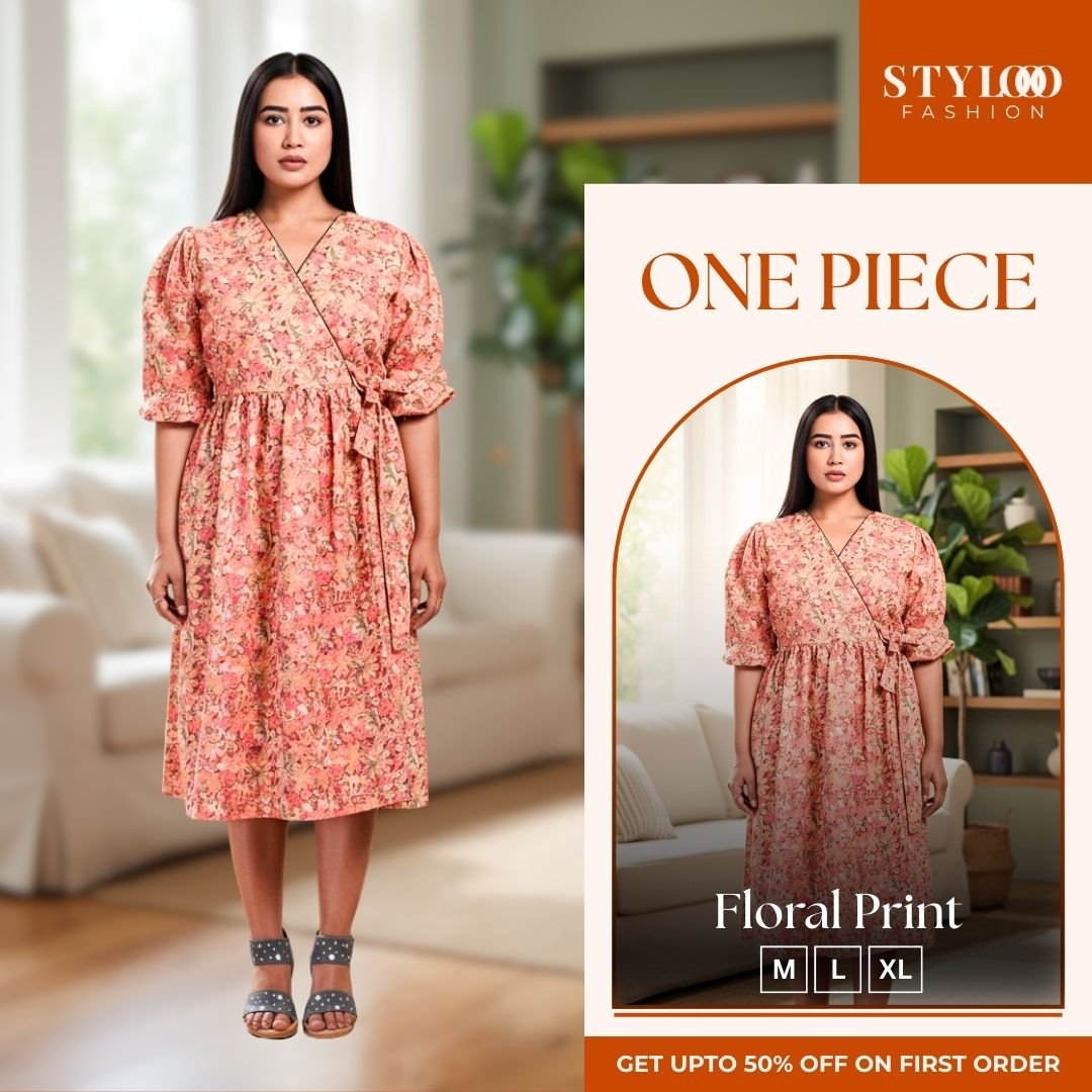 Women Floral Printed V-Neck Wrap A-Line One Piece (SGWN-W-009)