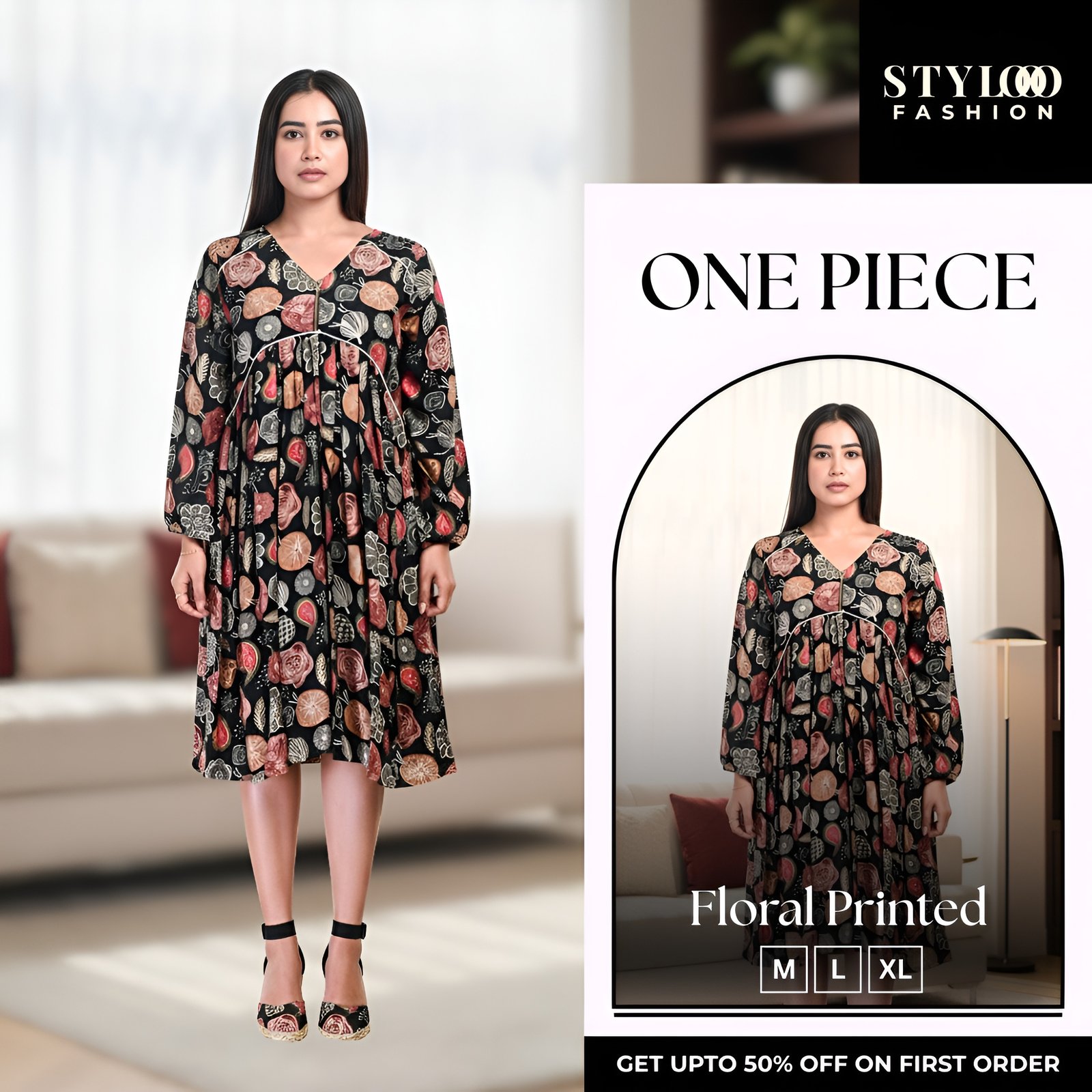 Women Abstract & Floral Printed V-Neck Flared One Piece (SGWN-W-008)