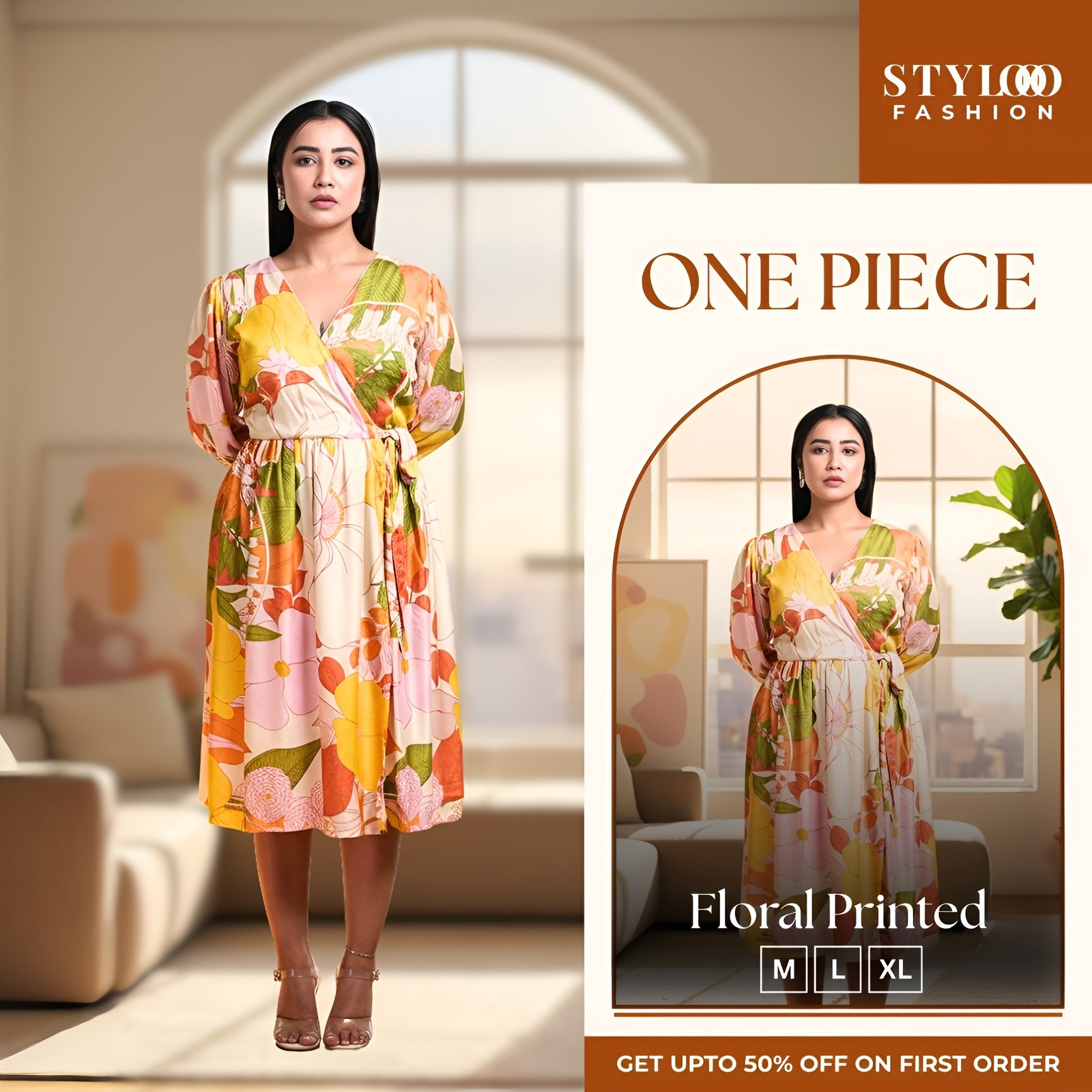 Women Floral Printed V-Neck Flared Wrap One Piece (SGWN-W-006)
