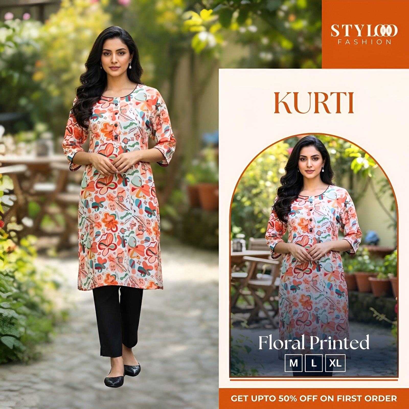 White and orange floral printed A-line kurta (LKTS-W-003)