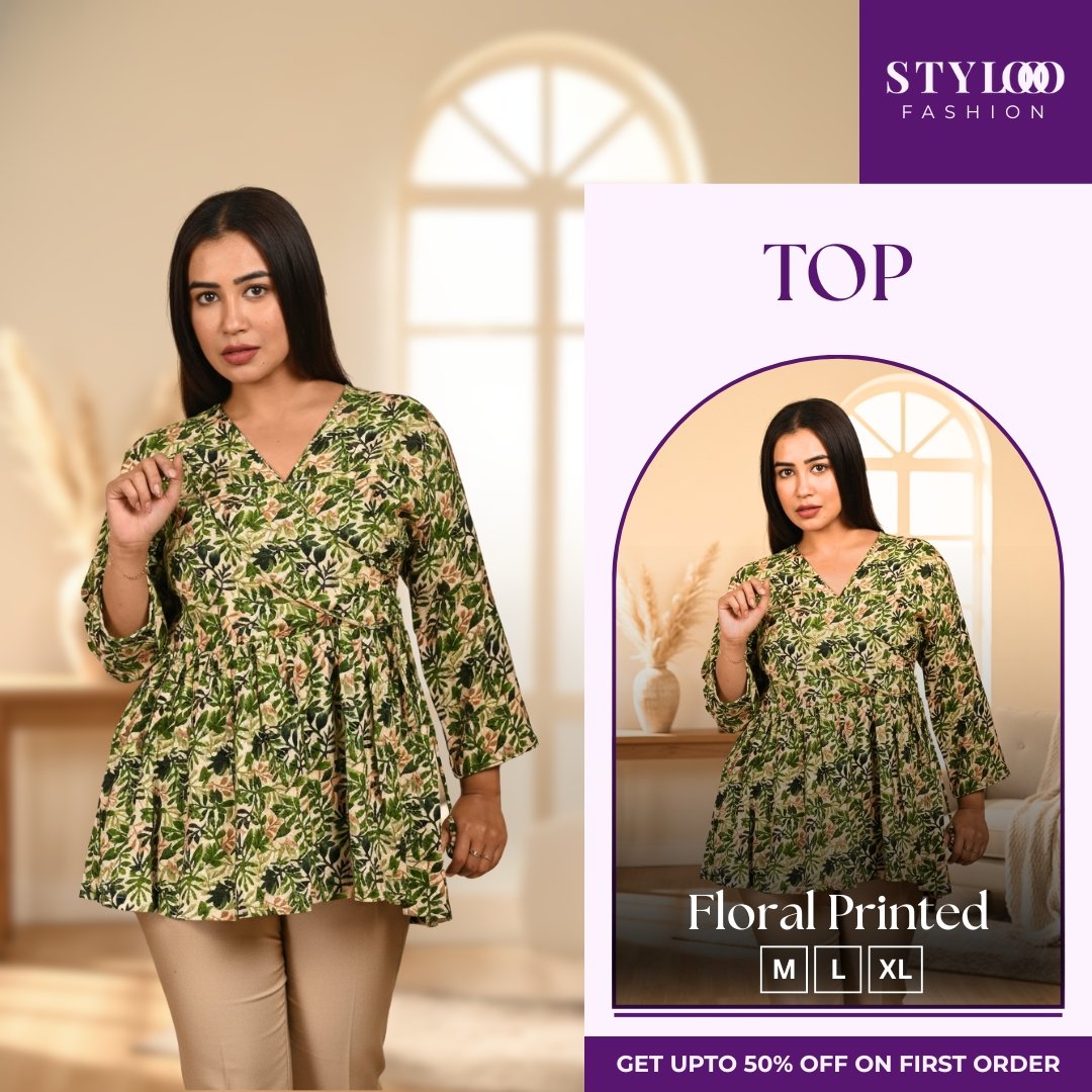 Green Printed A-Line Peplum Tunic Top with Lace Inserts (TOP-W-029)