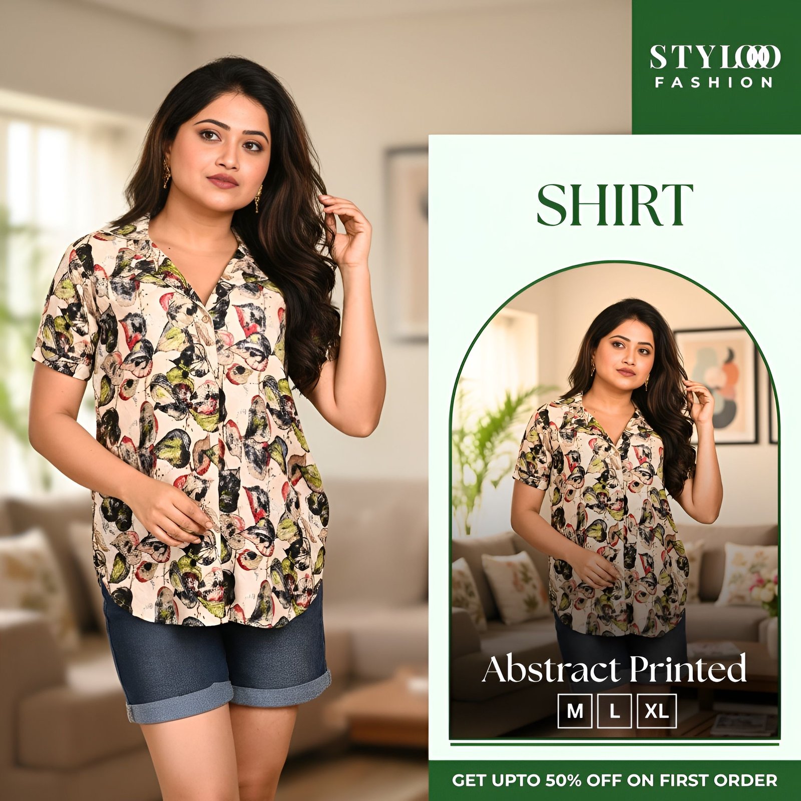  Women Beige & Multicolor Abstract Leaf Printed V-Neck Short Sleeve Shirt Top (SHT-W-015)