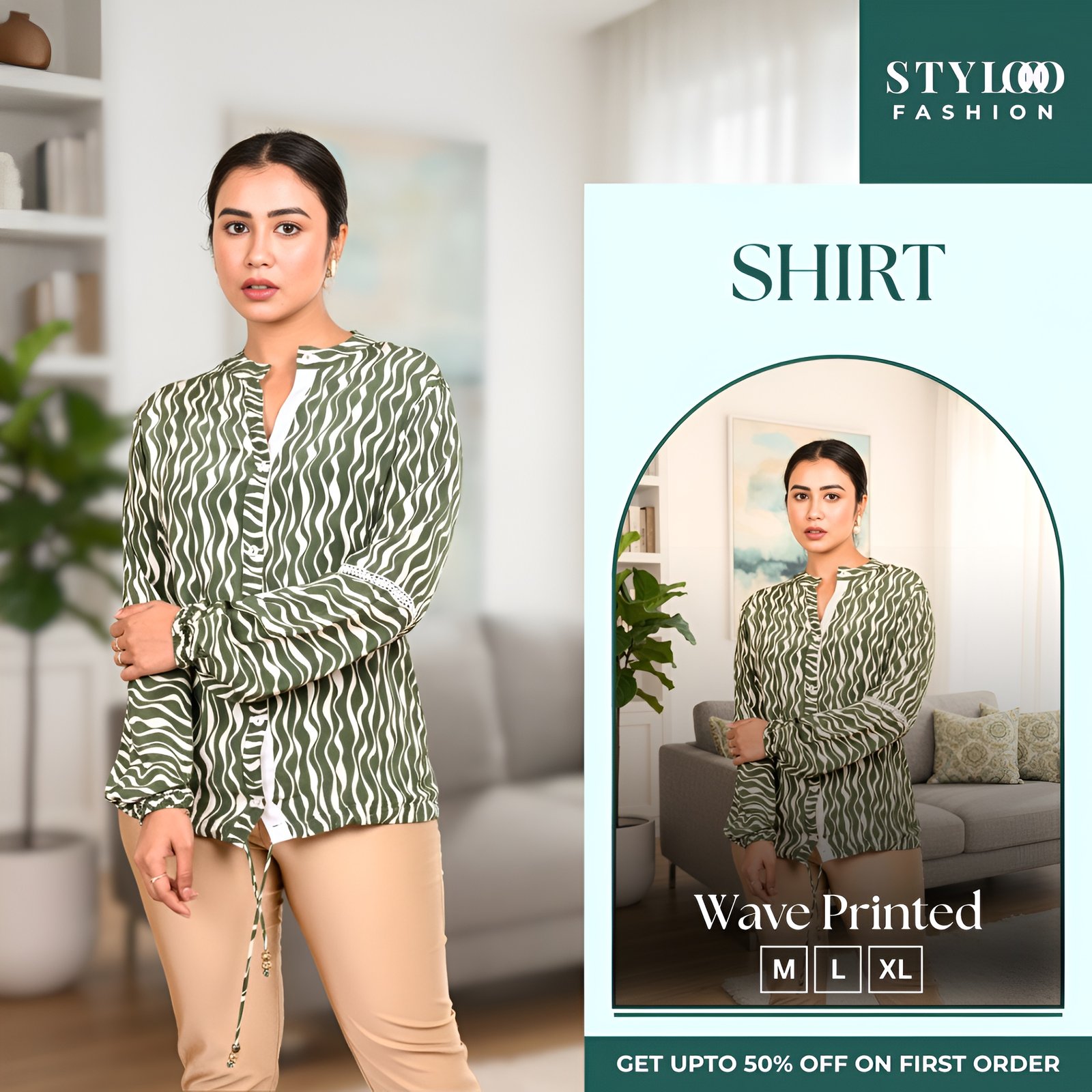  Women Green & White Wave Printed V-Neck 3/4 Sleeve Drawstring Waist Tunic Top (SHT-W-020)