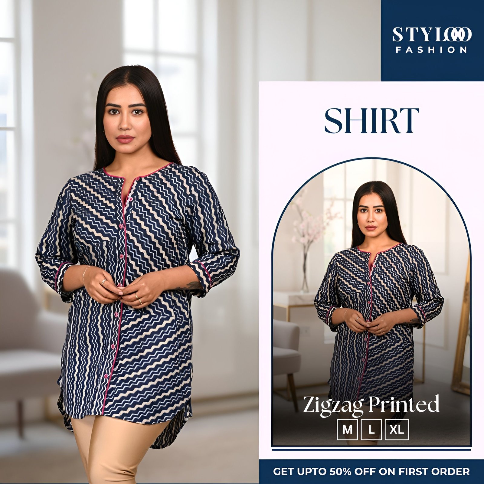 Women's Navy Blue & White Chevron (Zigzag) Printed Shirt (SHT-W-021) 