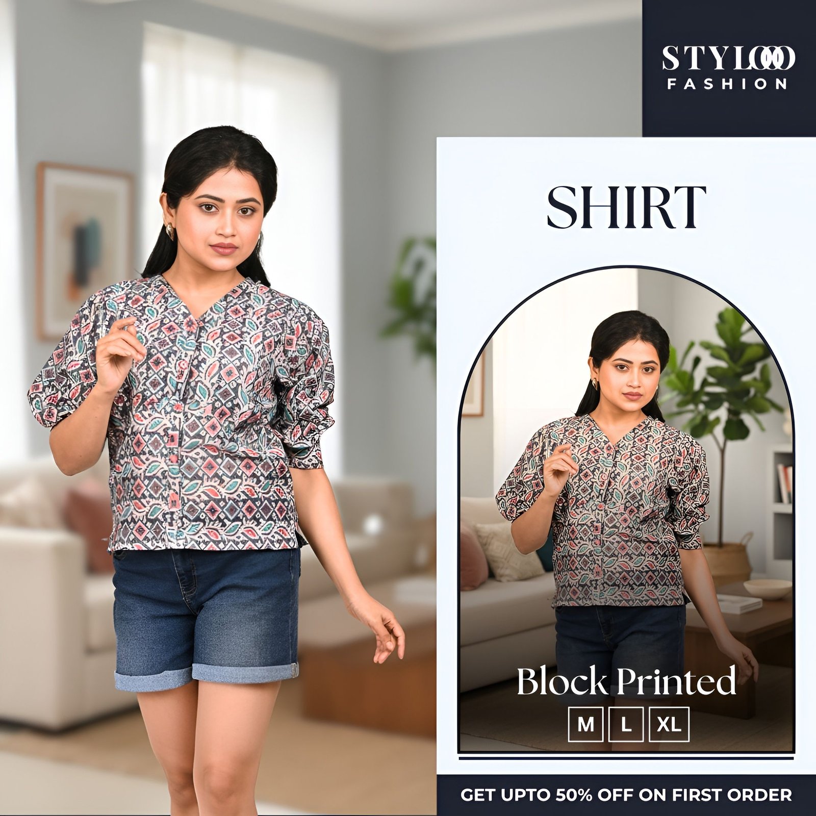 Women's Printed Cotton Puff Sleeve V-Neck Crop Top (SHT-W-026)