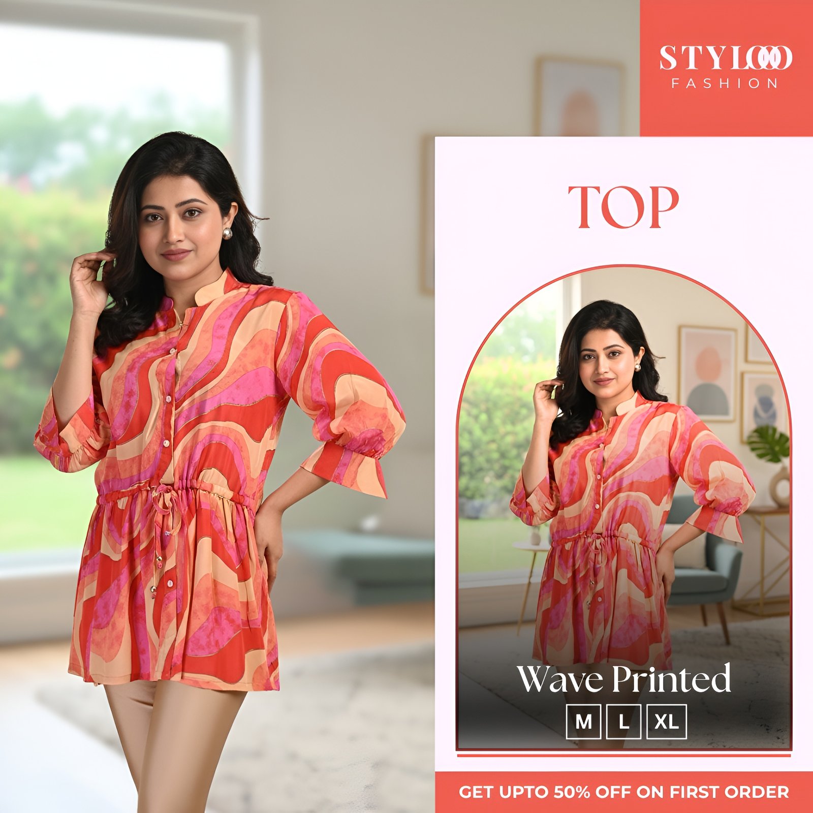 Women Pink & Orange Abstract Wave Printed V-Neck 3/4 Sleeve Tunic Top (TOP-W-001)