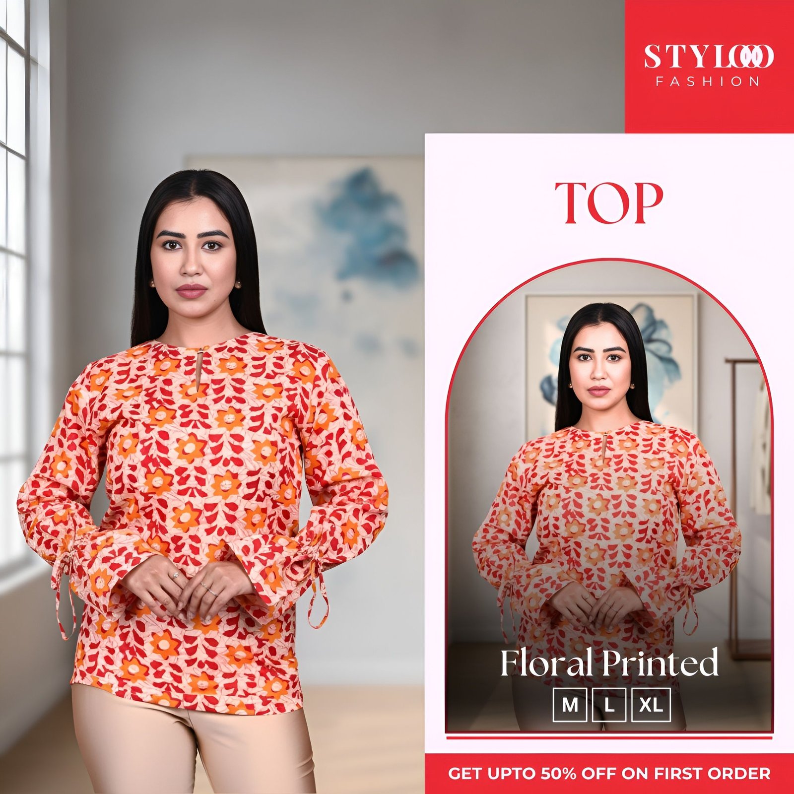 Women Red & Orange Floral Printed Round Neck Full Sleeve Regular Top (TOP-W-010)