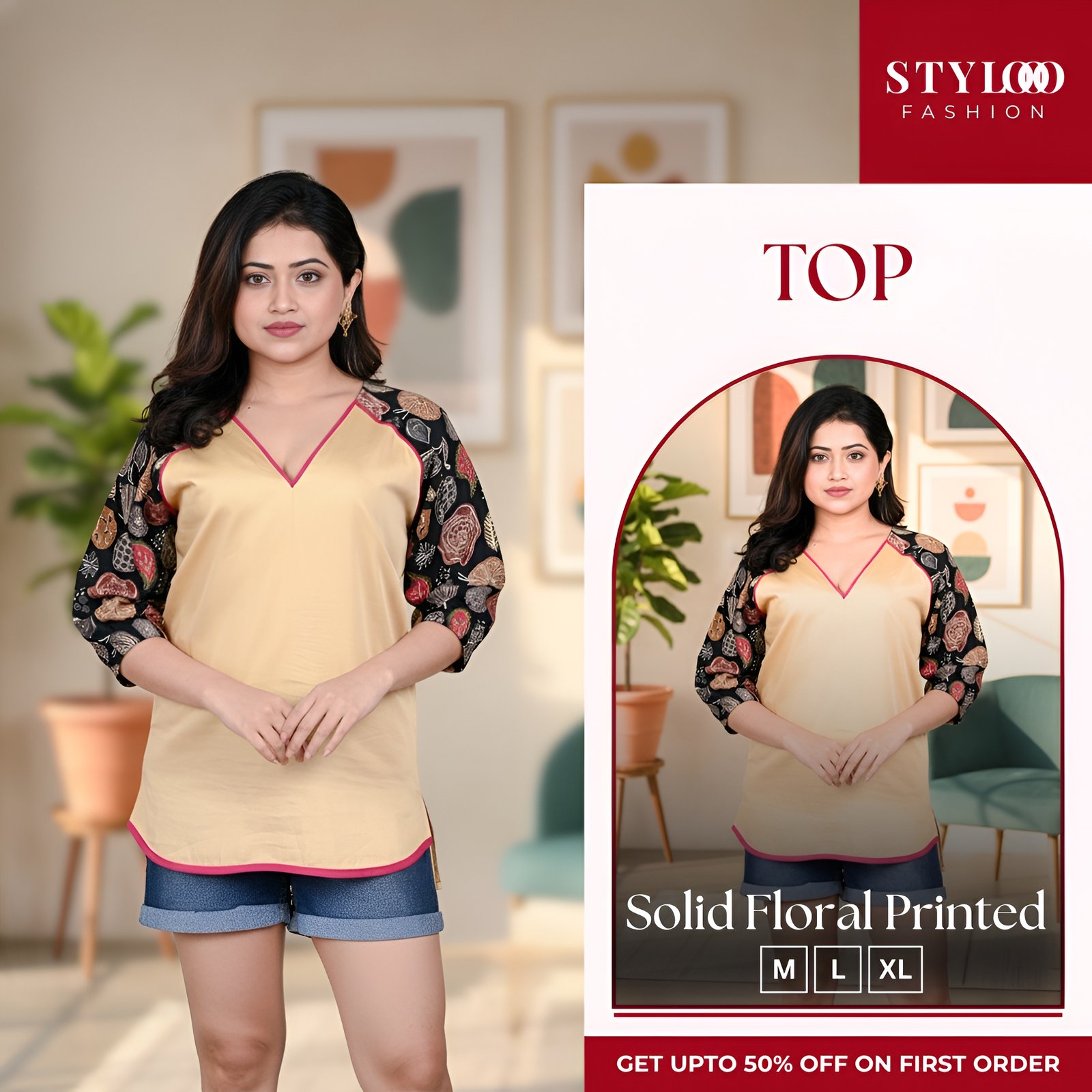 Women's Printed V-Neck Magic Linen Tunic Top (TOP-W-023)