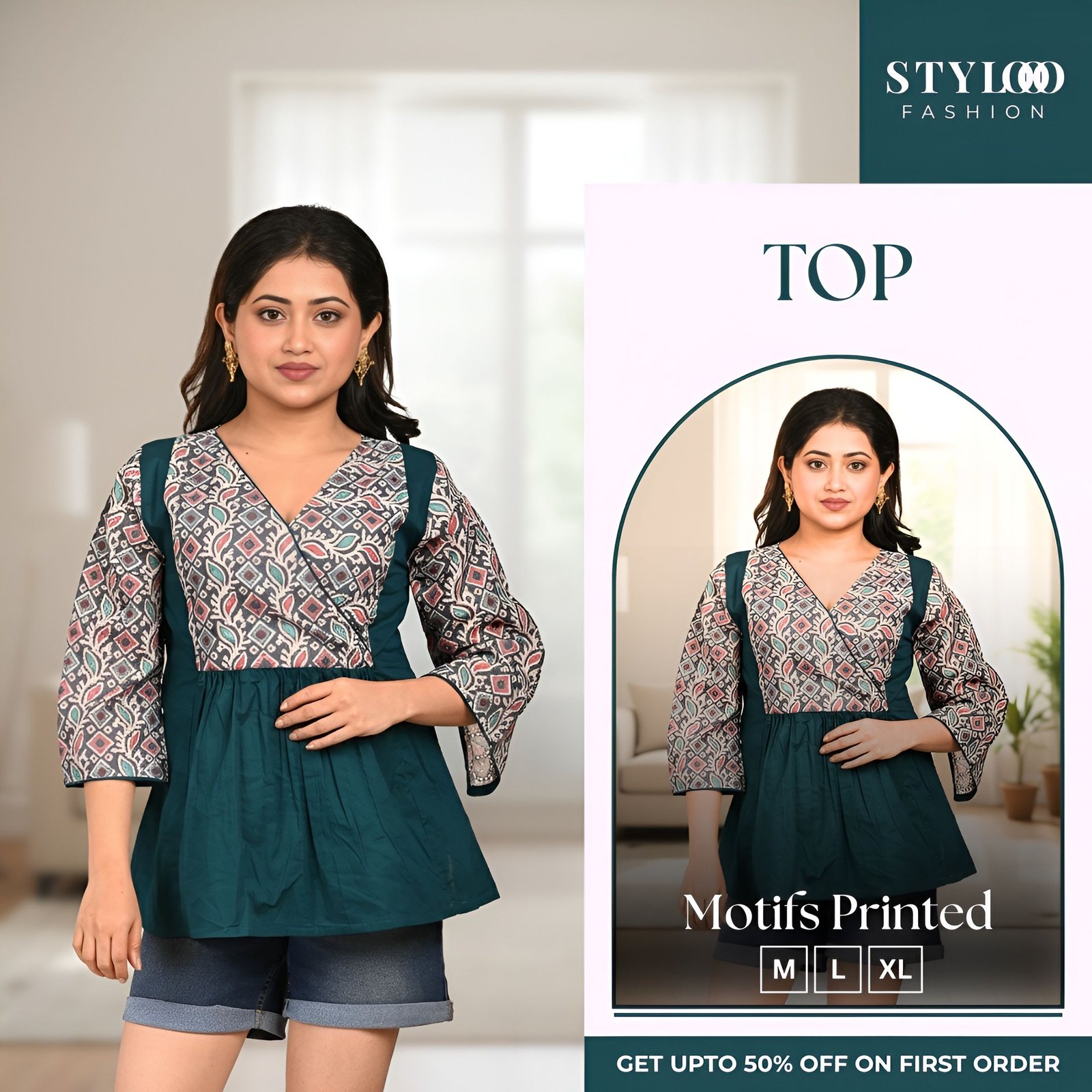 Women Ethnic Motifs Printed Gathered or Pleated V-Neck Cotton Peplum Top (TOP-W-022)