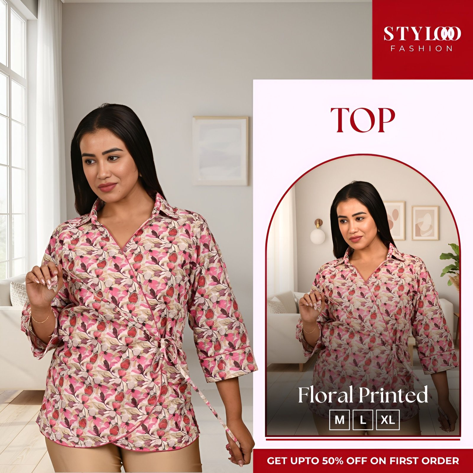 Women Pink & Beige Floral Printed V-Neck 3/4 Sleeve Wrap Tunic Top (TOP-W-011)