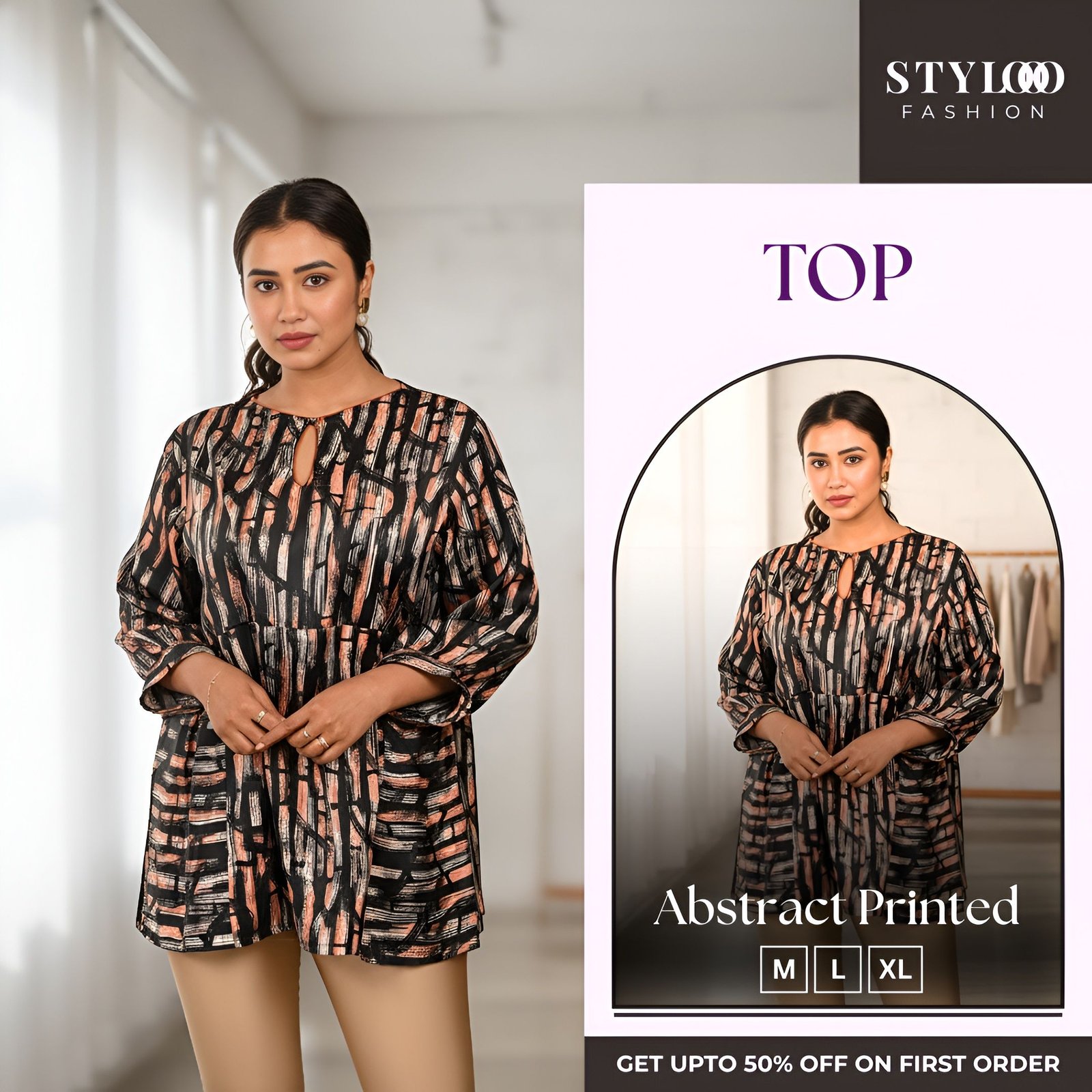 Women Black & Orange Abstract Printed Round Neck 3/4 Sleeve Tunic Top (TOP-W-018)