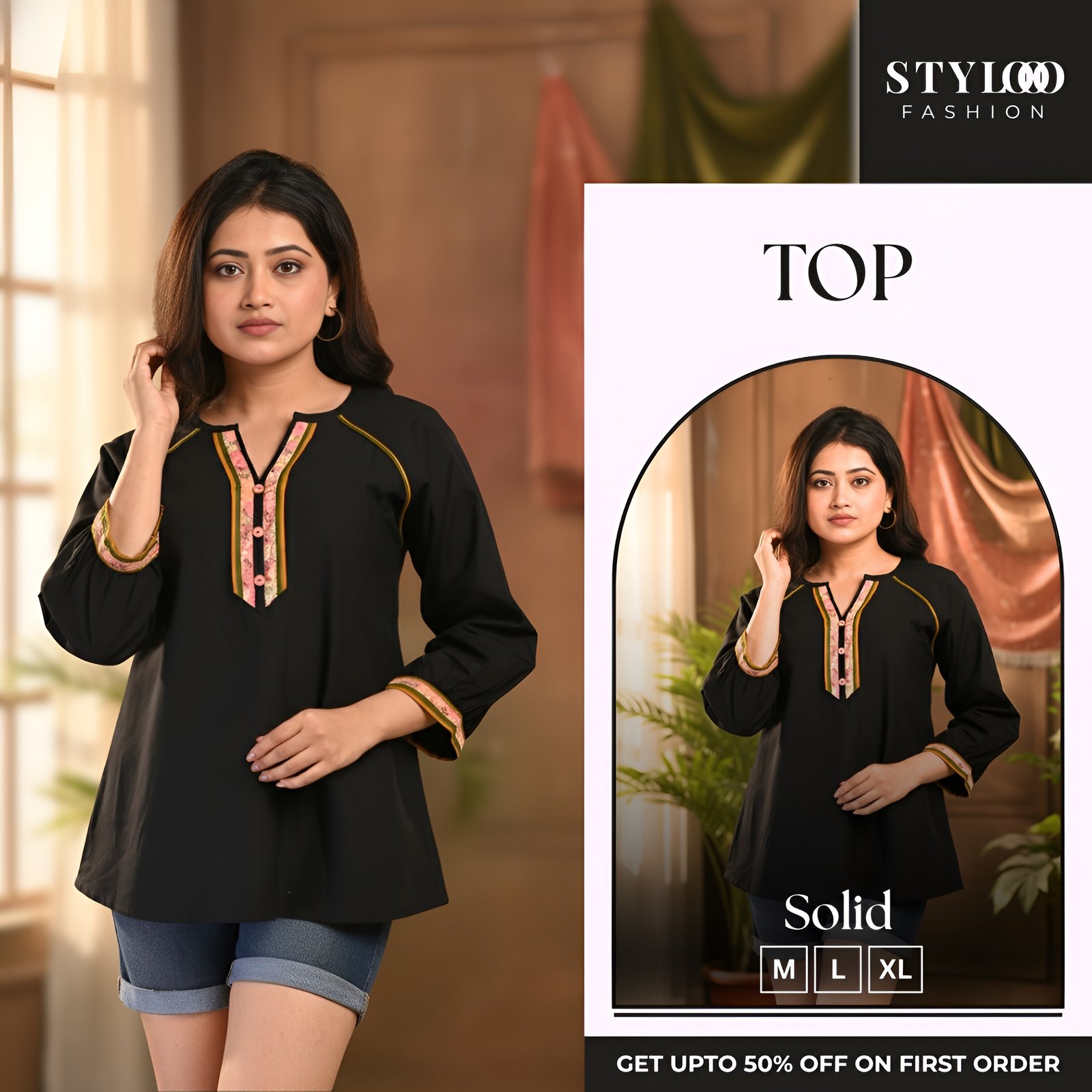 Women Black Solid 3/4 Sleeve V-Neck A-Line Tunic Top (TOP-W-017)