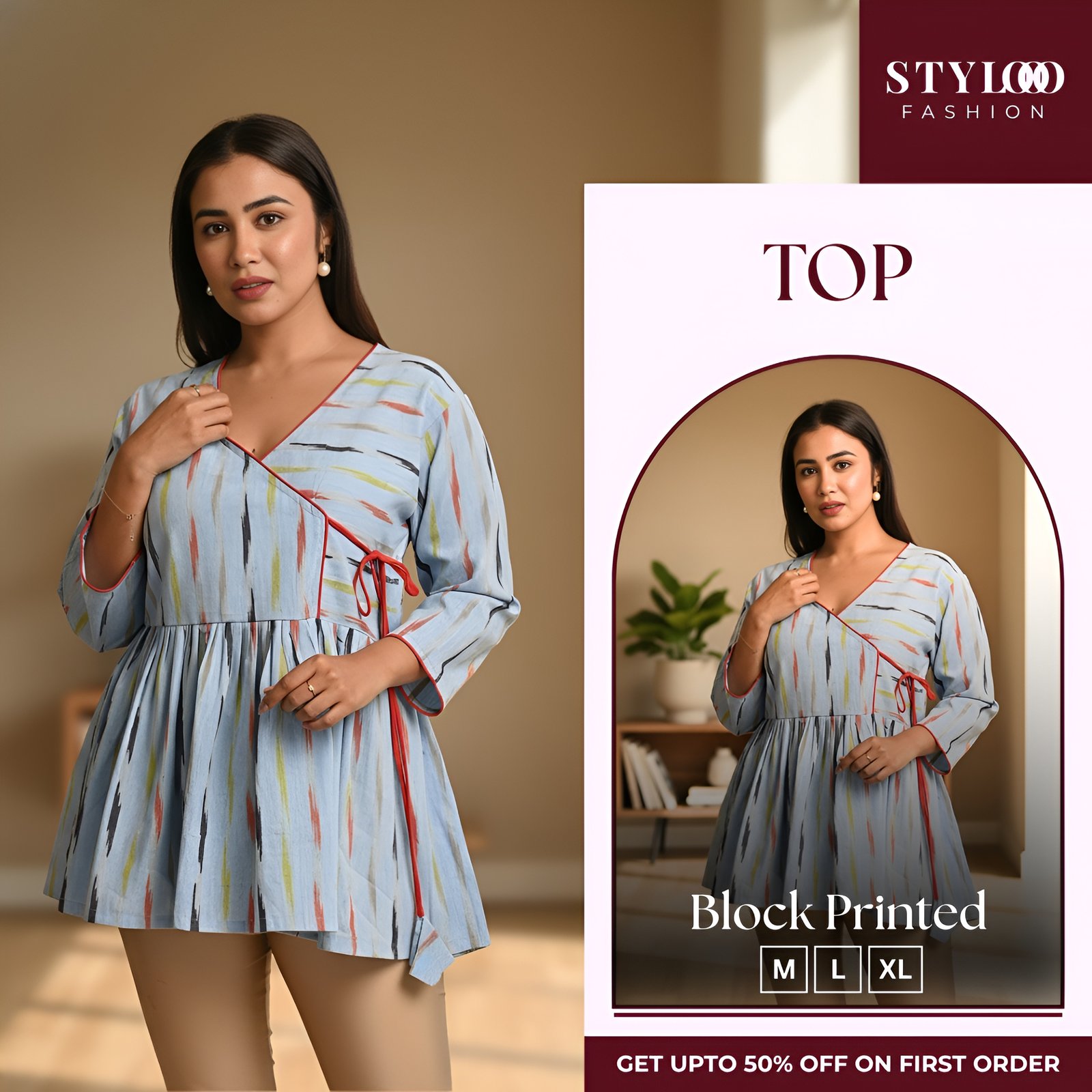 Women's Printed Ikat V-Neck Wrap Style Peplum Top (TOP-W-027)