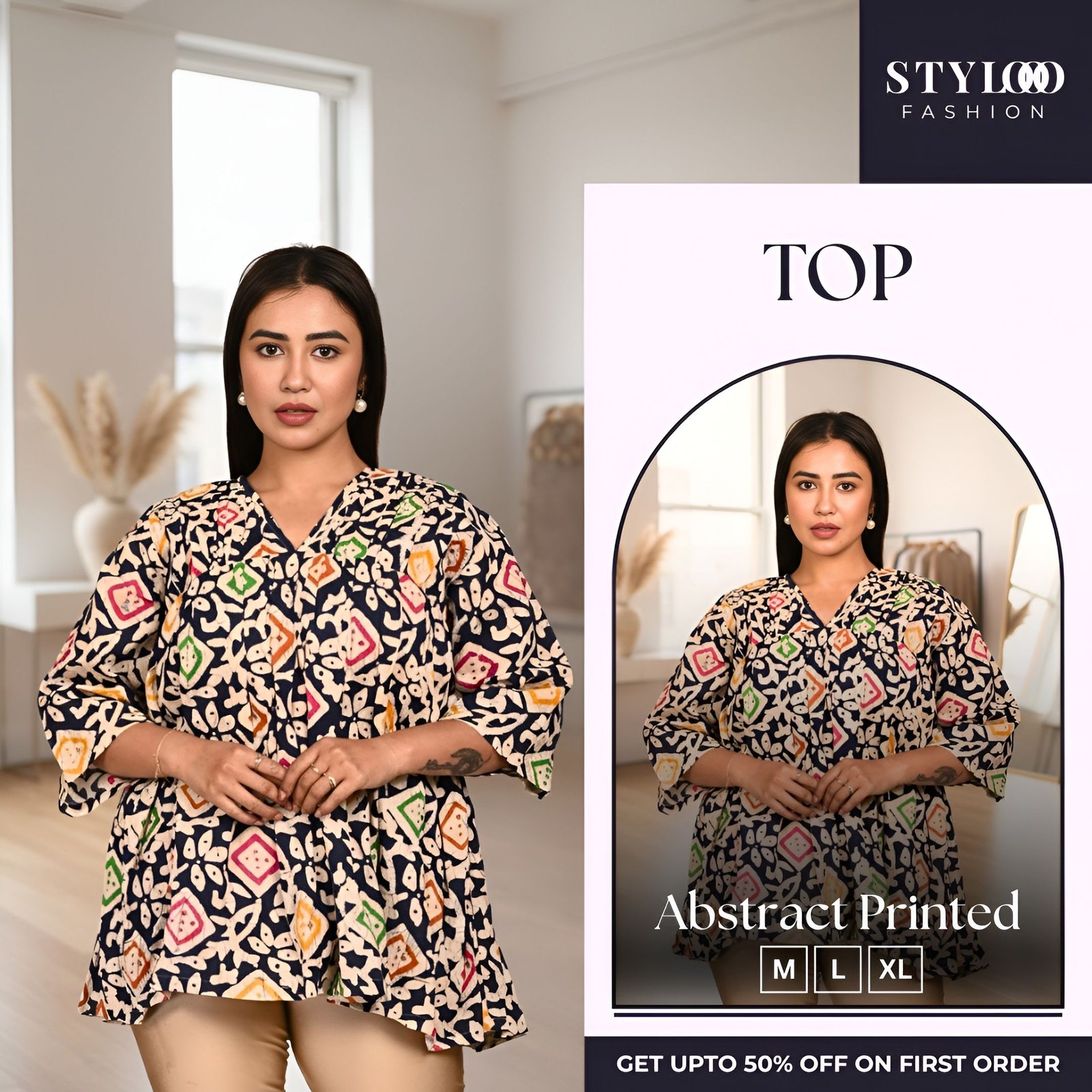 Women Navy Blue & Multicolor Abstract Printed V-Neck 3/4 Sleeve Peplum Tunic Top (TOP-W-013)