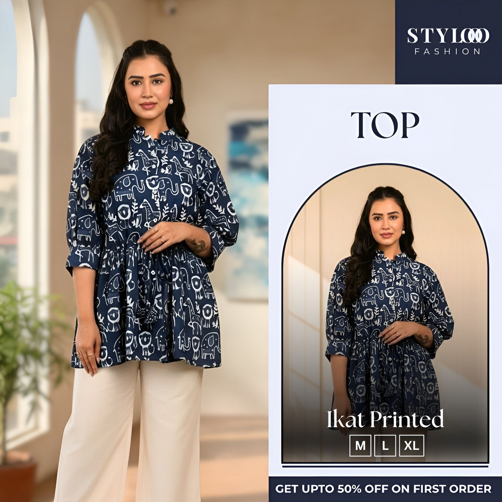  Women Navy Blue & White Ikat Printed V-Neck 3/4 Sleeve Drawstring Waist Tunic Top (TOP-W-014)