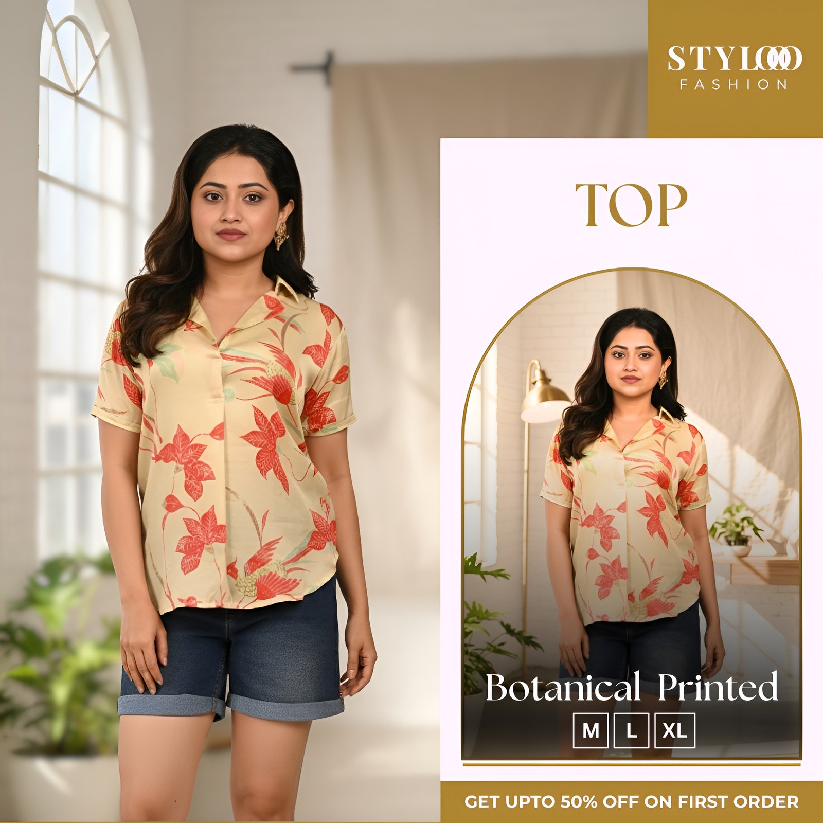 Women Beige & Red Floral Printed V-Neck Short Sleeve Casual Shirt Top (TOP-W-003)